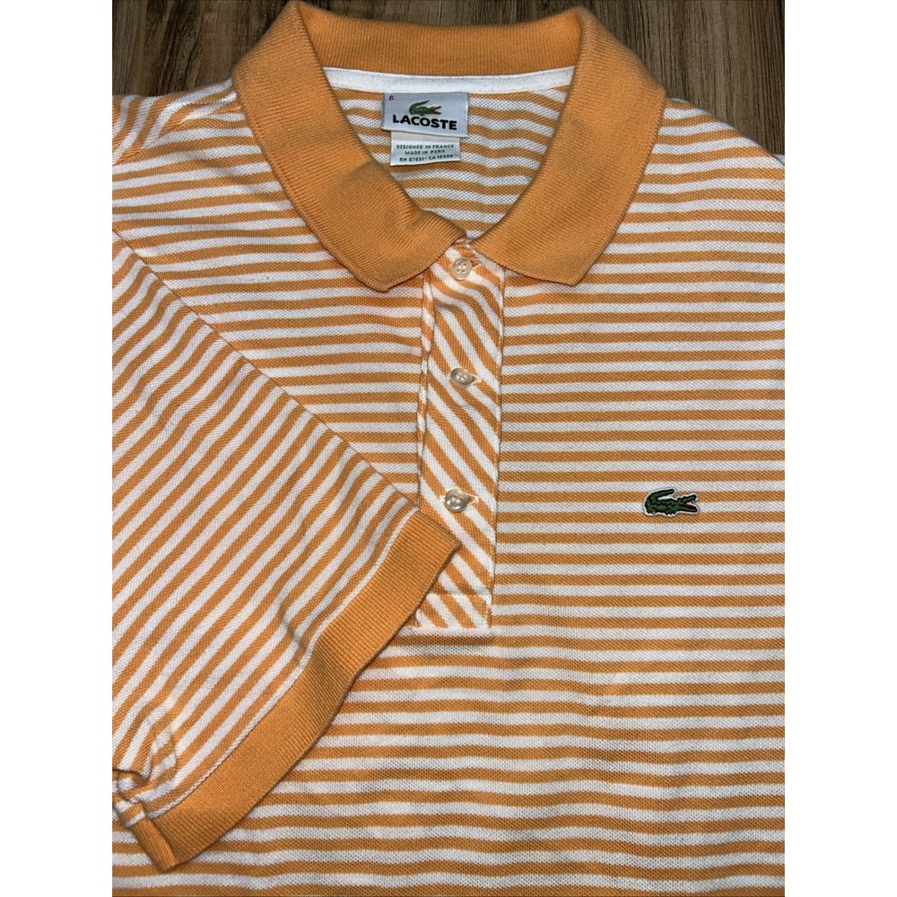 Lacoste Men's Short Sleeve Polo, Golf Preppy Size 6, Orange White Stripe, Summer